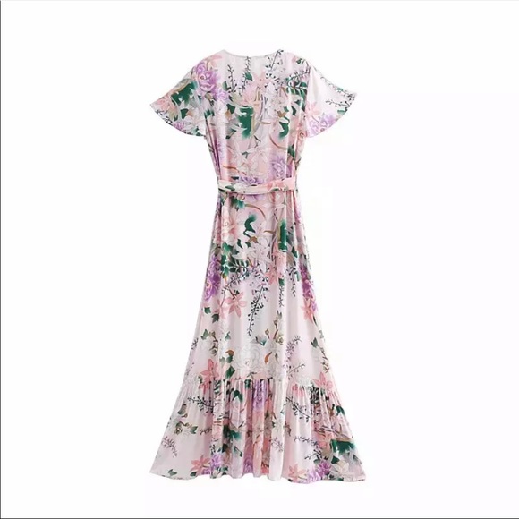 Pink Ruffle Boho Floral Gypsy Print Maxi Dress - Picture 9 of 11